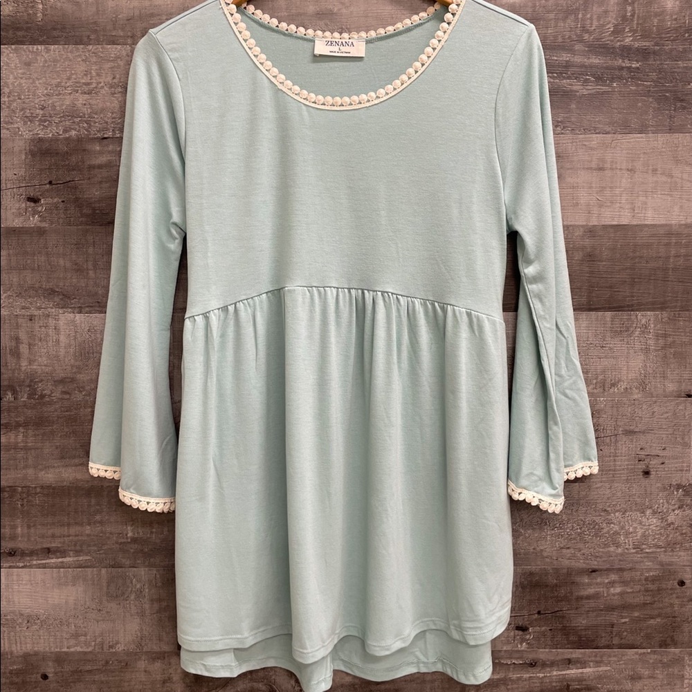 New Light Green Babydoll Tunic Top Shirt Pom Pom Shirring Detail